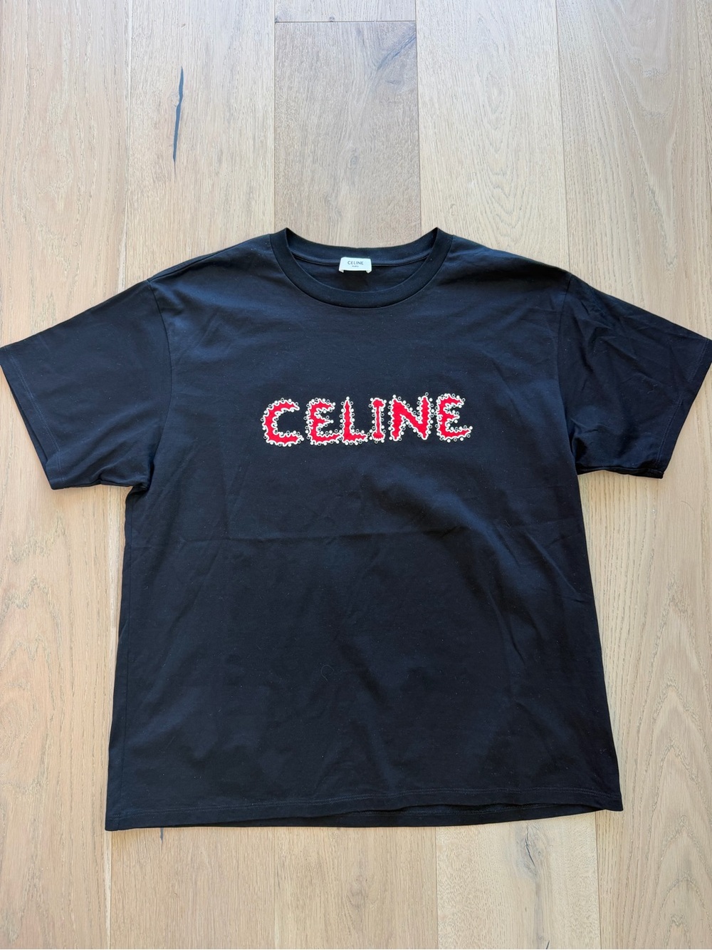 Celine Black Logo Graphic Tee T-shirt black red white sz xxl rhinestone